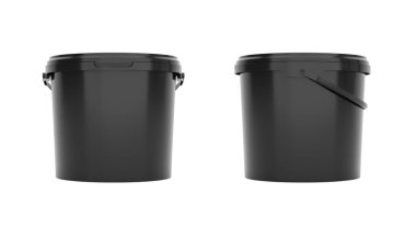 Siyah 5qt - 5l plastik kova, saplı konteynır. Ön ve yan görünüm beyaz arkaplanda izole. Gerçekçi ürün paketleme modeli.