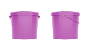 Mor 5qt - 5l plastik kova, saplı konteynır. Ön ve yan görünüm beyaz arkaplanda izole. Gerçekçi ürün paketleme modeli.