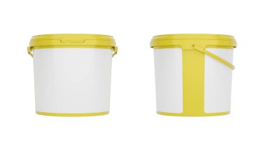 Sarı 5qt - 5l plastik kova, saplı konteynır. Boş etiketli. Ön ve yan görünüm beyaz arkaplanda izole. Gerçekçi ürün paketleme modeli.