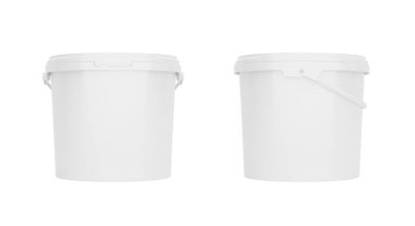 Beyaz 5qt - 5l plastik kova, saplı konteynır. Ön ve yan görünüm beyaz arkaplanda izole. Gerçekçi ürün paketleme modeli.