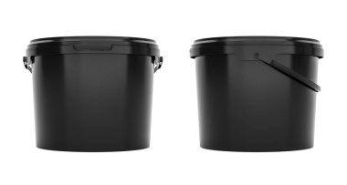 Siyah plastik kovalar, saplı konteynırlar. Ön ve yan görünüm beyaz arkaplanda izole. Gerçekçi ürün paketleme modeli.