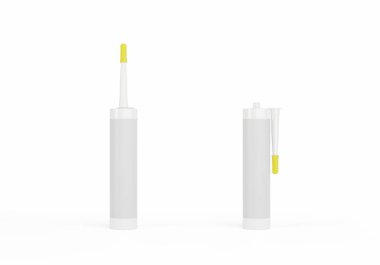 Sarı başlıklı ve etiketli beyaz caulk kutuları. Ön manzara beyaz arkaplanda izole edildi. Gerçekçi ürün paketleme modeli.