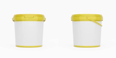 Sarı plastik kovalar, boş etiketli tutacakları olan kaplar. Ön ve yan görünüm beyaz arkaplanda izole. Gerçekçi ürün paketleme modeli.