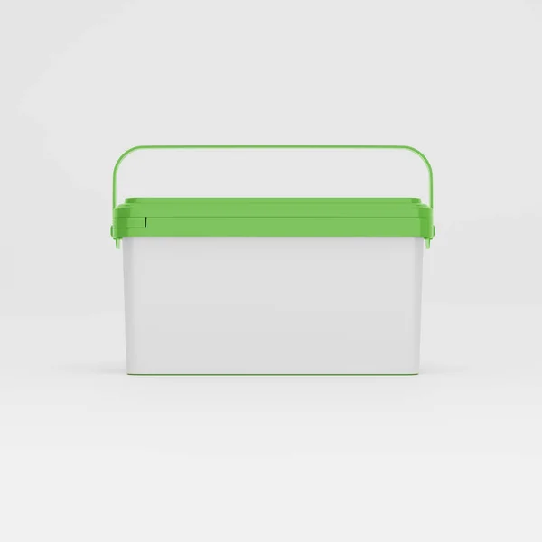 带手柄和空白标签的绿色矩形塑料罐 前景色 白色背景隔离 — 图库照片
