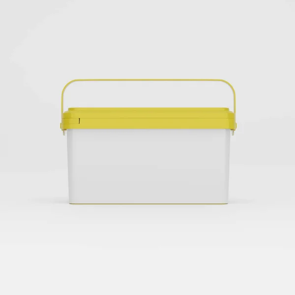 Sarı Dikdörtgen Plastik Kutu Kova Kabın Sapı Boş Etiketi Var — Stok fotoğraf