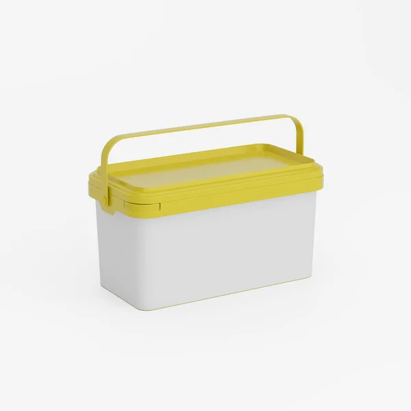 Ορθογώνιο Κίτρινο Πλαστικό Δοχείο Κουβάς Δοχείο Λαβή Και Λευκή Ετικέτα — Φωτογραφία Αρχείου