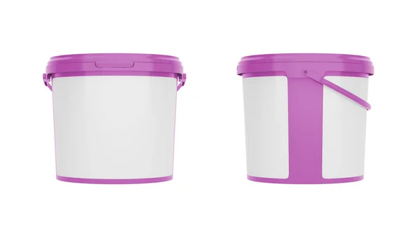 紫色5Qt 5L塑料桶 装有把手的容器 用空白标签 正面和侧面的观点孤立在白色的背景上 现实的产品包装模型 — 图库照片