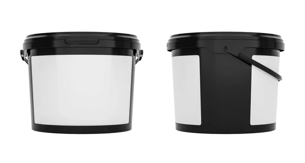Zwarte Plastic Emmers Containers Met Handgrepen Met Blanco Etiketten Voor — Stockfoto