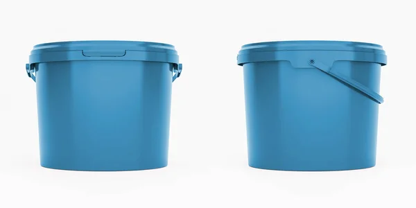 Blaue Plastikeimer Behälter Mit Henkeln Vorder Und Seitenansicht Isoliert Auf — Stockfoto