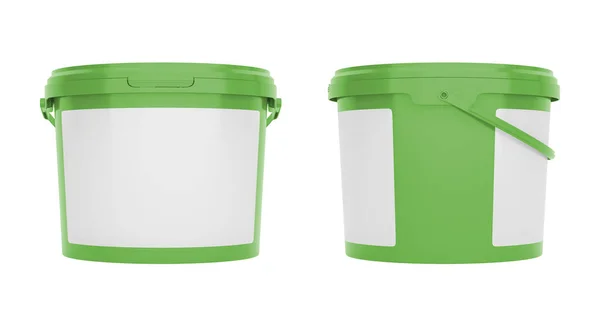 Zielone Plastikowe Wiadra Pojemniki Uchwytami Czystymi Etykietami Widok Przodu Boku — Zdjęcie stockowe