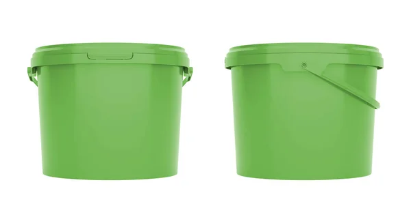 Zielone Plastikowe Wiadra Pojemniki Uchwytami Widok Przodu Boku Izolowany Białym — Zdjęcie stockowe