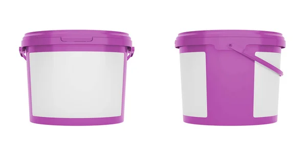 Пурпурные Пластиковые Ведра Контейнеры Ручками Пустыми Этикетками Вид Спереди Сбоку — стоковое фото