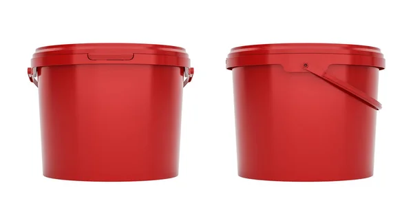Piros Műanyag Vödrök Nyéllel Ellátott Tartályok Elülső Oldalsó Nézet Elszigetelt — Stock Fotó