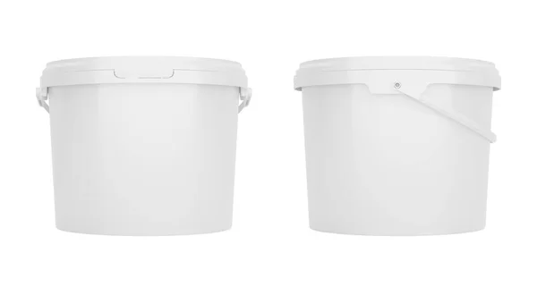 Cubos Plástico Blanco Contenedores Con Asas Vista Frontal Lateral Aislada —  Fotos de Stock