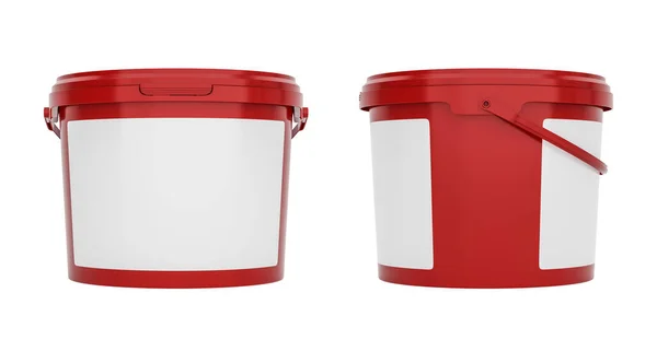 Rode Plastic Emmers Containers Met Handgrepen Met Blanco Etiketten Voor — Stockfoto