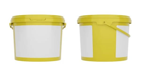 Žluté Plastové Kbelíky Nádoby Držadly Prázdnými Štítky Přední Boční Pohled — Stock fotografie