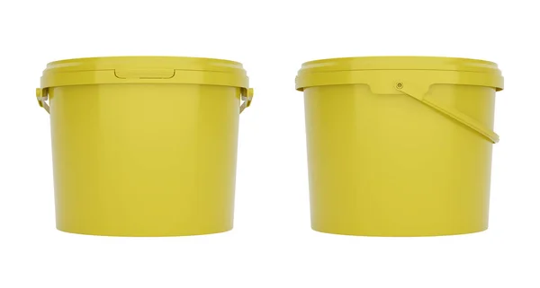 Yellow Plastic Buckets Containers Handles Front Side View Isolated White — Stock Photo, Image