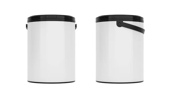 黒い円形のプラスチック バケツ 空白のラベルが付いているハンドルの容器 白い背景で隔離されたフロントとサイドビュー 現実的な製品パッケージングモックアップ — ストック写真