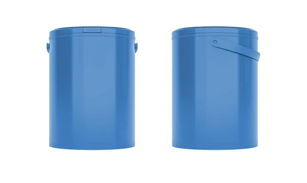 Modré Kulaté Plastové Kbelíky Nádoby Držadly Přední Boční Pohled Izolovaný — Stock fotografie