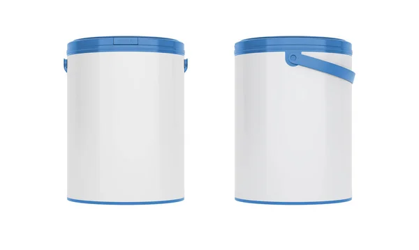 青い円形のプラスチック バケツ 空白のラベルが付いているハンドルの容器 白い背景で隔離されたフロントとサイドビュー 現実的な製品パッケージングモックアップ — ストック写真