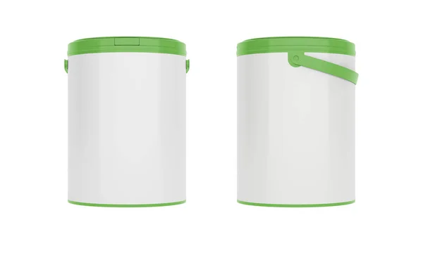 Zelené Kulaté Plastové Kbelíky Nádoby Násadami Prázdnými Štítky Přední Boční — Stock fotografie