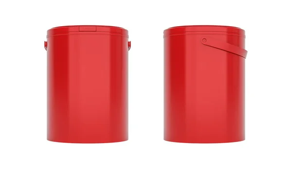 Röda Runda Plasthinkar Behållare Med Handtag Fram Och Sidovy Isolerad — Stockfoto