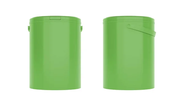 Zielone Okrągłe Plastikowe Wiadra Pojemniki Uchwytami Widok Przodu Boku Izolowany — Zdjęcie stockowe