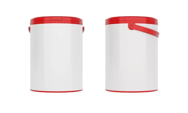 Červené Kulaté Plastové Kbelíky Nádoby Násadami Prázdnými Štítky Přední Boční — Stock fotografie