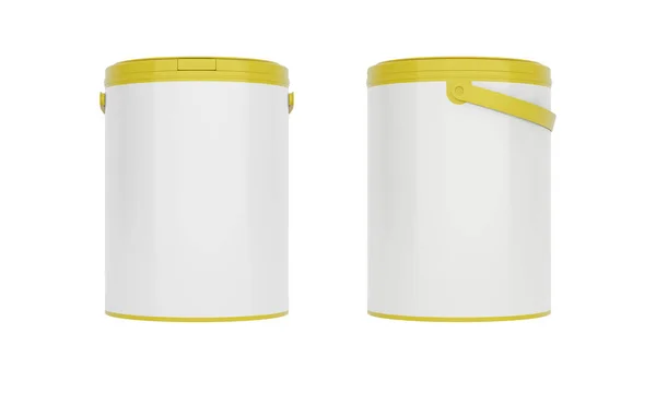 黄色い円形のプラスチック バケツ 空白のラベルが付いているハンドルが付いている容器 白い背景で隔離されたフロントとサイドビュー 現実的な製品パッケージングモックアップ — ストック写真