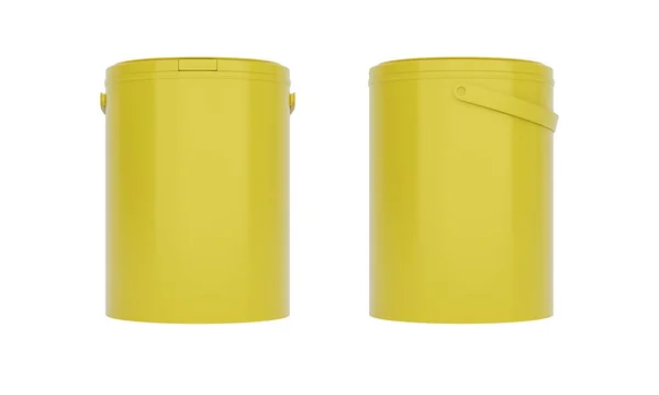 Żółte Okrągłe Plastikowe Wiadra Pojemniki Uchwytami Widok Przodu Boku Izolowany — Zdjęcie stockowe