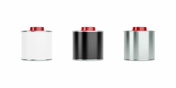 带有红色瓶盖的金属喷雾罐 前面的景色被白色背景隔开了 现实的产品包装模型 — 图库照片