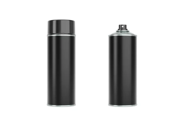 黑色喷雾罐 有黑色帽子 正面和侧面的观点孤立在白色的背景上 现实的产品包装模型 — 图库照片