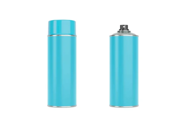 Blå Sprayburkar Med Blå Lock Fram Och Sidovy Isolerad Vit — Stockfoto
