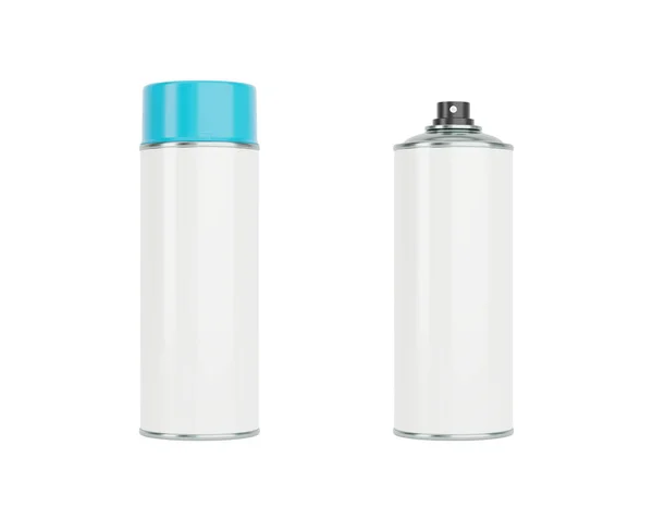 ブルーキャップ付きの白いスプレー缶 白い背景で隔離されたフロントとサイドビュー 現実的な製品パッケージングモックアップ — ストック写真