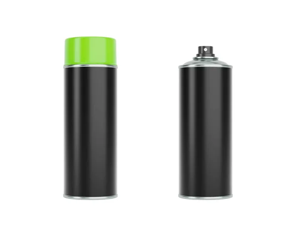 有绿色帽子的黑色喷雾罐 正面和侧面的观点孤立在白色的背景上 现实的产品包装模型 — 图库照片