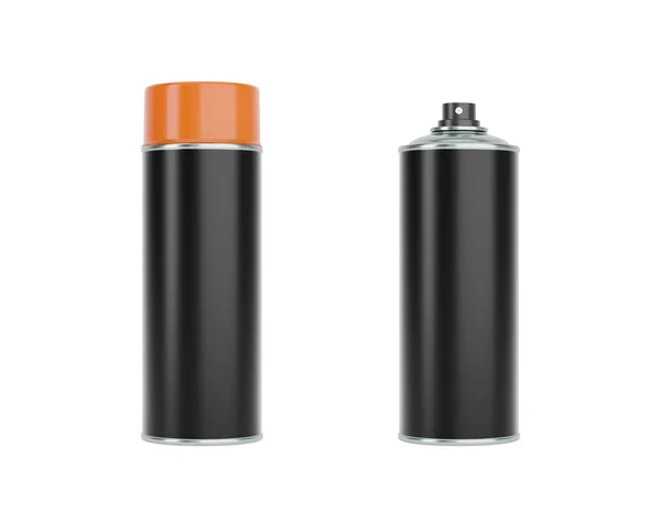 Fekete Spray Dobozok Narancssárga Kupakkal Elülső Oldalsó Nézet Elszigetelt Fehér — Stock Fotó