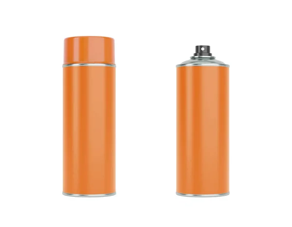 オレンジキャップ付きのオレンジスプレー缶 白い背景で隔離されたフロントとサイドビュー 現実的な製品パッケージングモックアップ — ストック写真