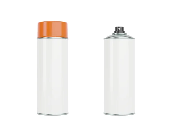 Latas Spray Blancas Con Tapas Naranjas Vista Frontal Lateral Aislada — Foto de Stock