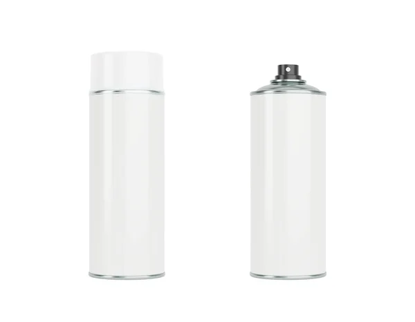 白色喷雾罐 正面和侧面的观点孤立在白色的背景上 现实的产品包装模型 — 图库照片