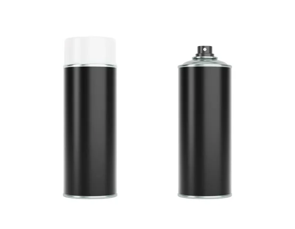 黑色喷雾罐 正面和侧面的观点孤立在白色的背景上 现实的产品包装模型 — 图库照片