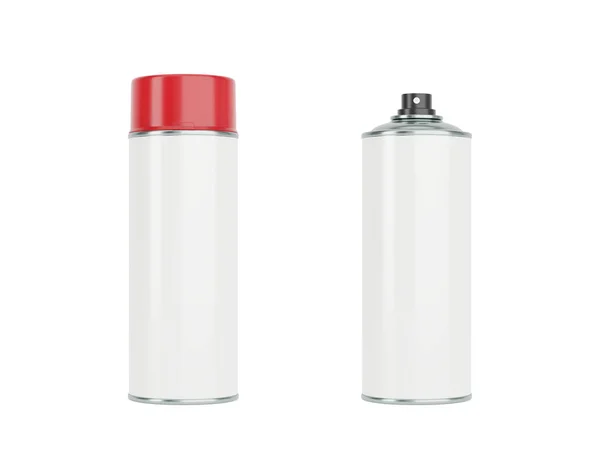 Spray Dobozok Piros Sapkával Elülső Oldalsó Nézet Elszigetelt Fehér Háttérrel — Stock Fotó