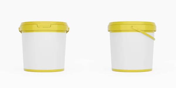 黄色塑料桶 装有空白标签的手柄的容器 正面和侧面的观点孤立在白色的背景上 现实的产品包装模型 — 图库照片