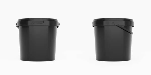 黒いプラスチック製のバケツ ハンドル付きの容器 白い背景で隔離されたフロントとサイドビュー 現実的な製品パッケージングモックアップ — ストック写真