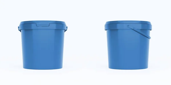 Голубые Пластиковые Ведра Контейнеры Ручками Вид Спереди Сбоку Изолирован Белом — стоковое фото