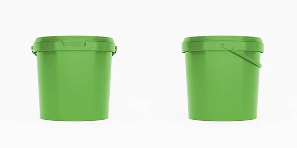 Green Plastic Buckets Containers Handles Front Side View Isolated White — Stock Photo, Image