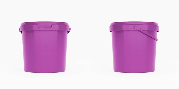 Пурпурные Пластиковые Ведра Контейнеры Ручками Вид Спереди Сбоку Изолирован Белом — стоковое фото
