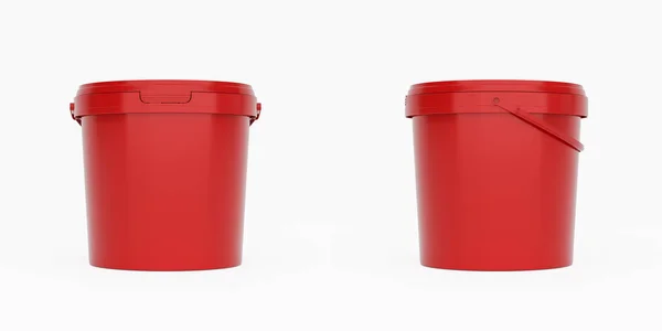 Röda Plasthinkar Behållare Med Handtag Fram Och Sidovy Isolerad Vit — Stockfoto