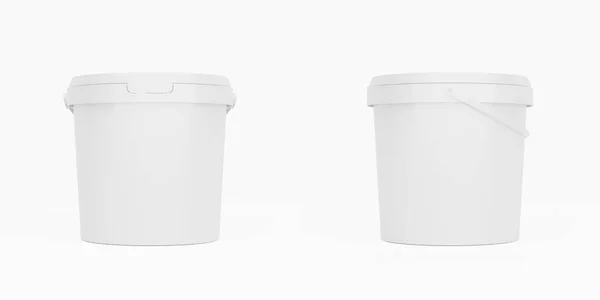 白いプラスチック製のバケツ ハンドルが付いている容器 白い背景で隔離されたフロントとサイドビュー 現実的な製品パッケージングモックアップ — ストック写真