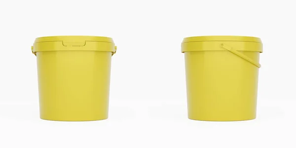 黄色塑料桶 有把手的容器 正面和侧面的观点孤立在白色的背景上 现实的产品包装模型 — 图库照片