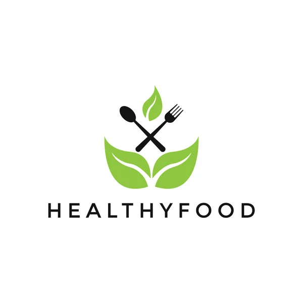 Blatt Mit Löffel Gabel Gesunde Lebensmittel Logo Design Vorlage Für — Stockvektor